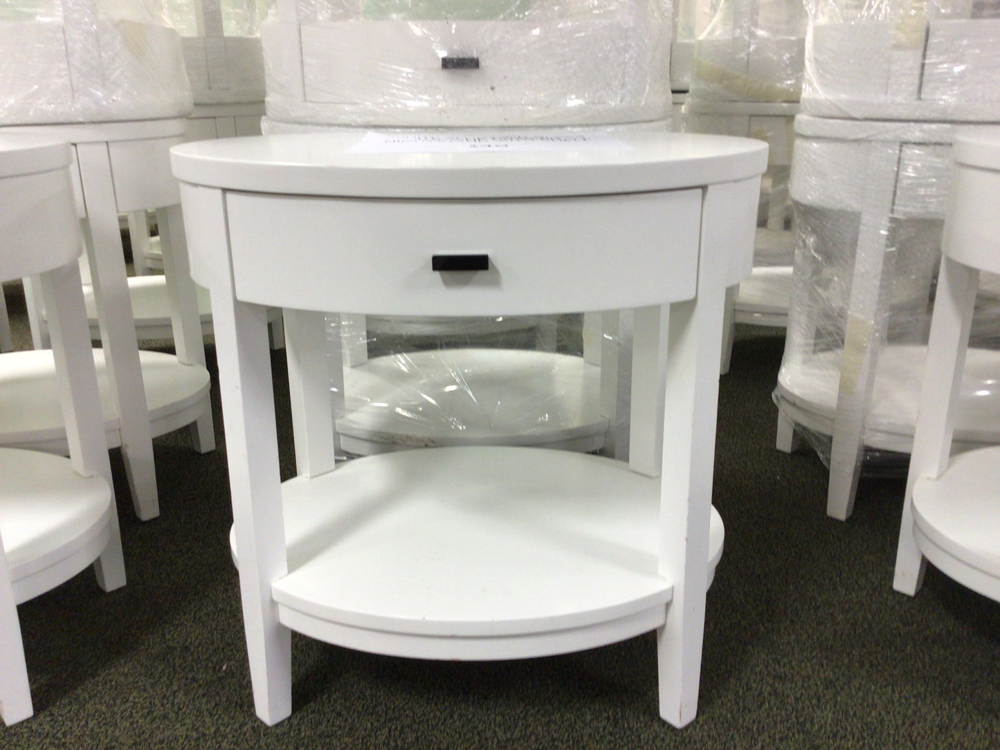 White Oval Nightstand with Drawer and Shelf