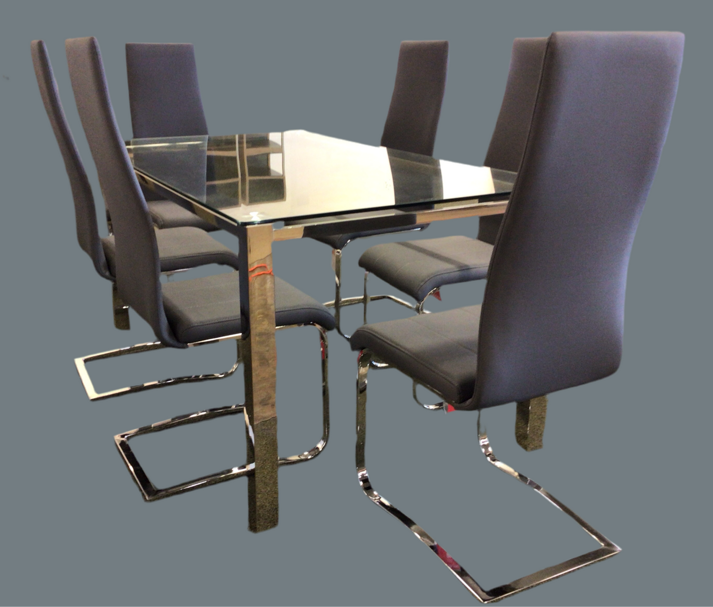 Chrome and Glass Dining Table with 6 Grey Chrome Base Chairs