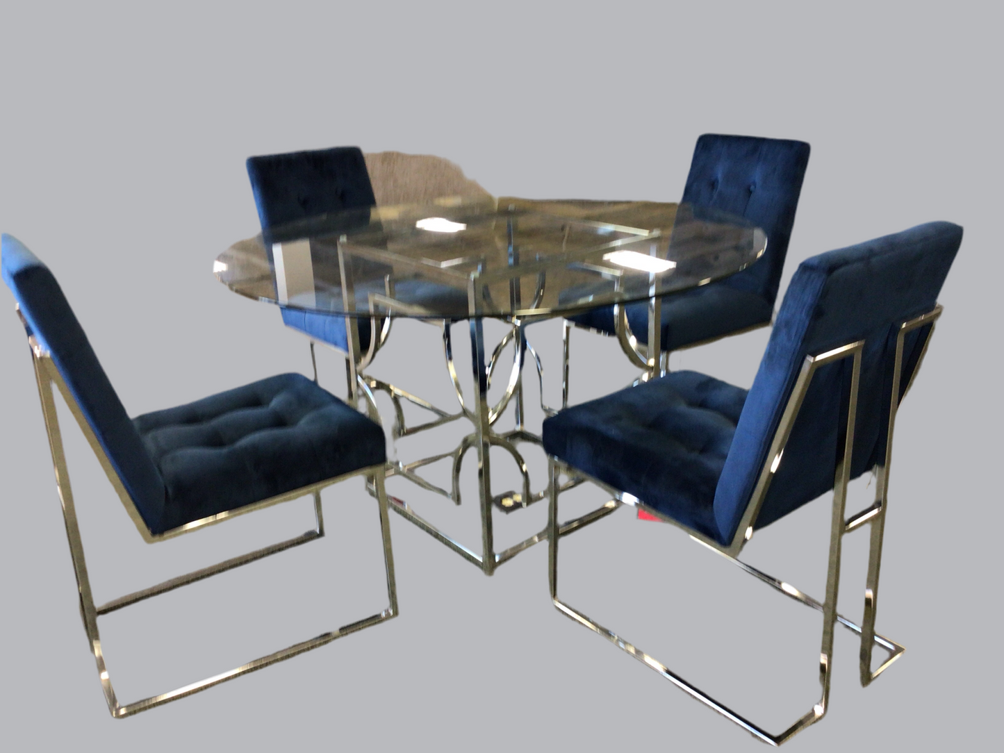 54” Glass Top Chrome Base Dining Table Four Blue Velvet Chrome Base Chairs